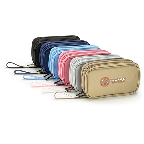 Image 7: A row of zippered bags in different colors including black, navy blue, light blue, pink, grey, and tan, showing the EnviroKnights logo on the tan bag - promotional product with custom logo