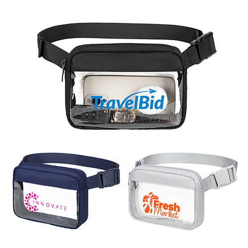 Image 8: The three clear travel bags are designed to be worn around the waist, and each features a different logo - promotional product with custom logo
