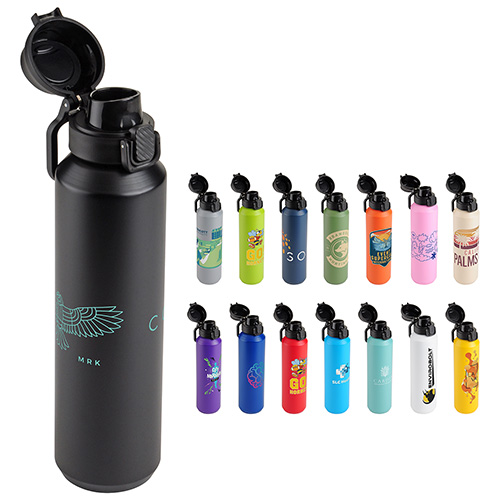 Nexus 27 oz Recycled Aluminum Bottle with Flip-Top Lid and Carabiner - promotional product with custom logo