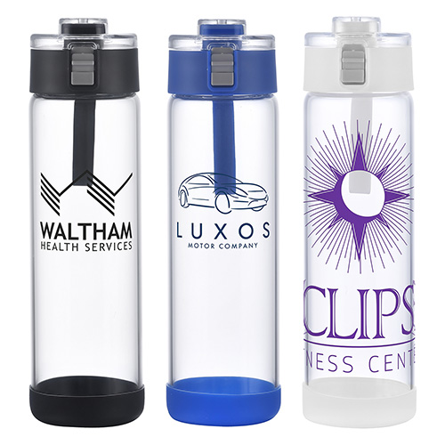 Hector 22 oz Push-Button Glass Bottle w/ Silicone Strap & Base - promotional product with custom logo