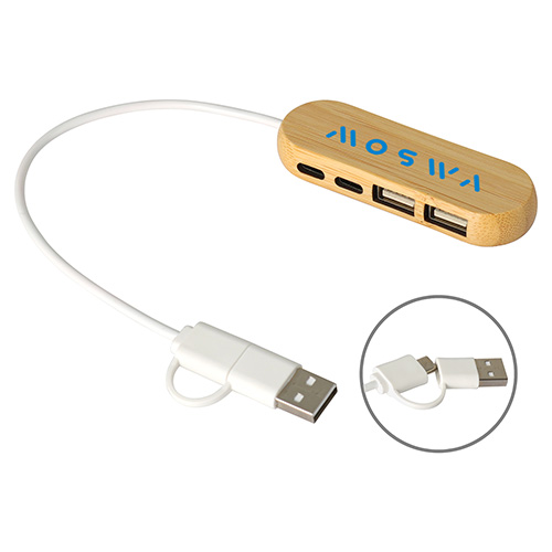Bamboo Dual Port USB & Type-C Hub - promotional product with custom logo