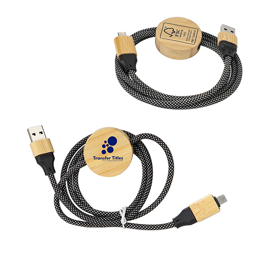 Bolt 4-in-1 39" Bamboo and RPET 100W Charging & Data Cable - promotional product with custom logo