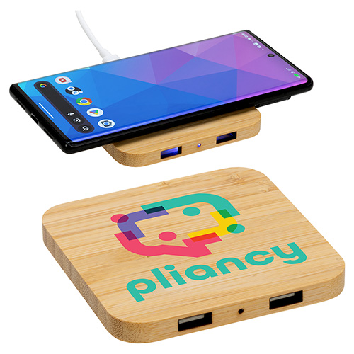 Panda Bamboo 15W Wireless Charger with Dual USB Ports - promotional product with custom logo