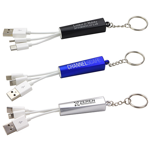 Trey 3-in-1 Light-Up Charging Cable with Keychain - promotional product with custom logo