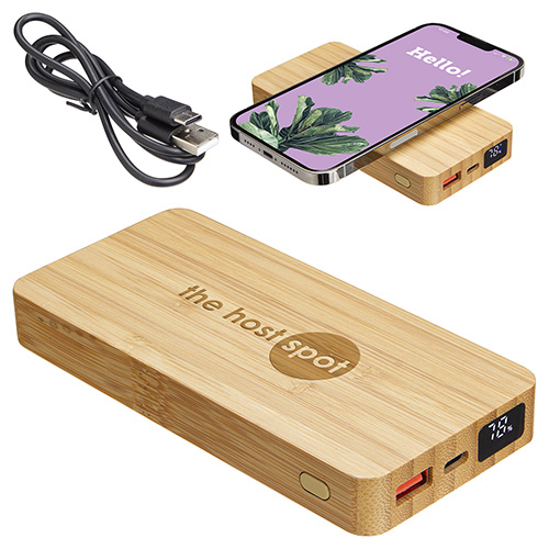 Bamboo 10000mAh Dual Port Power Bank with 10W Wireless Charger - promotional product with custom logo