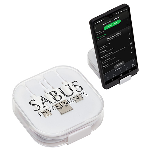 Trio 3-in-1 Charging Cable with Built-In Phone Stand - promotional product with custom logo