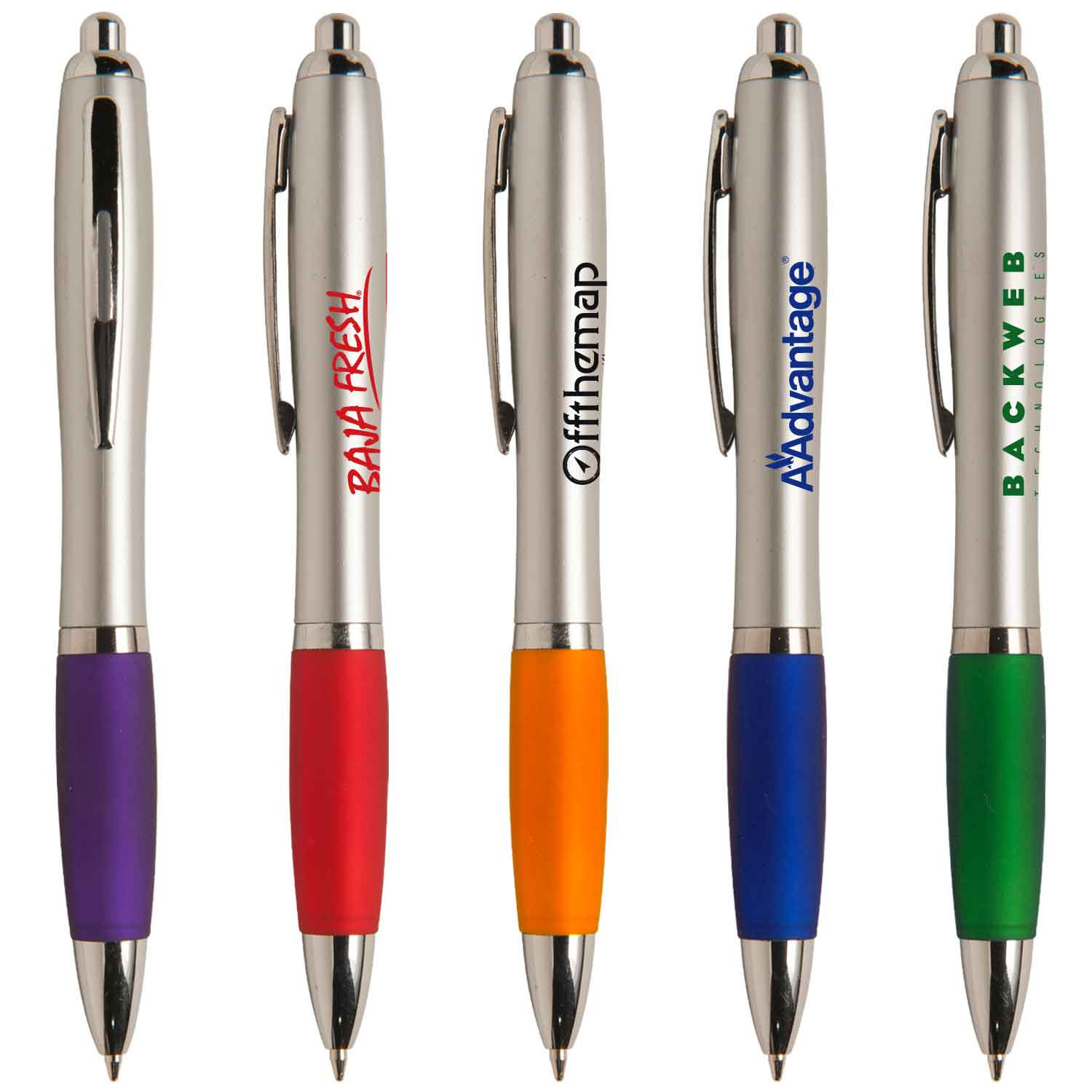 Customizable Ballpoint Pen Silver Barrel Colored Rubber Grip - 5.5 in - Promotional Custom Metal Pens with Logo
