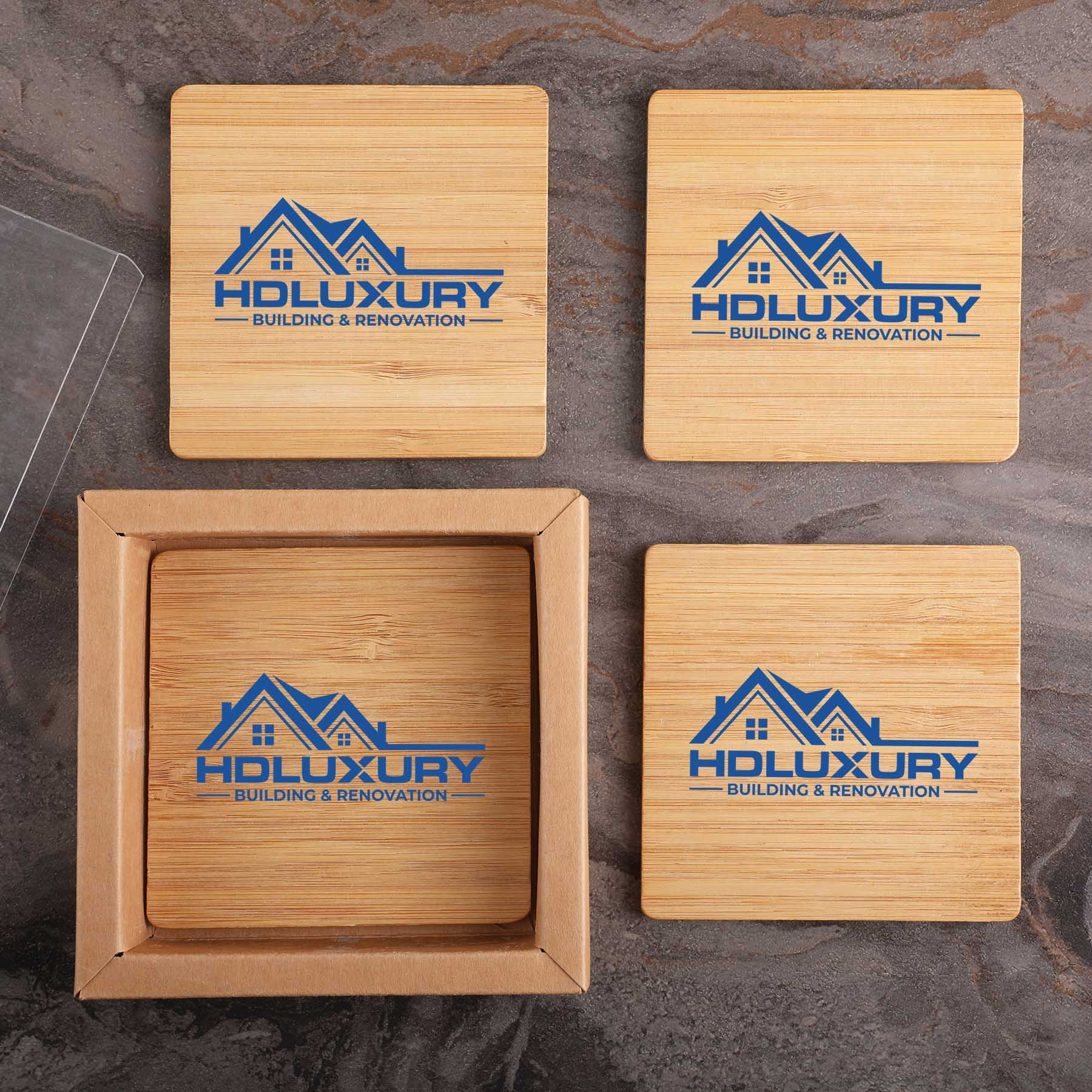 Square Bamboo Coaster Set with Gift Box - 4 Piece - Custom Promotional Product