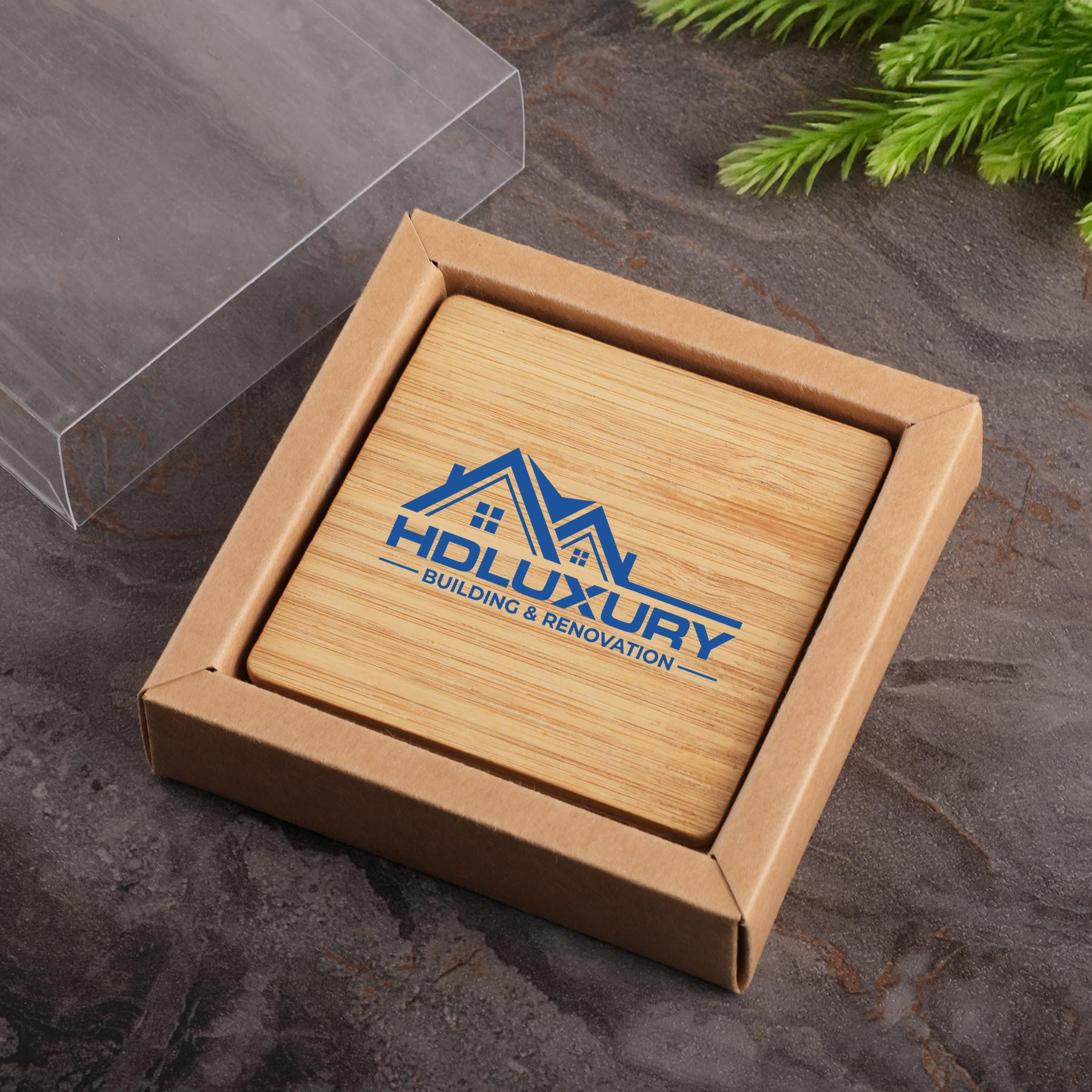 Square Bamboo Coaster Set with Gift Box - 4 Piece - View 1 - Custom Coasters - product view 2