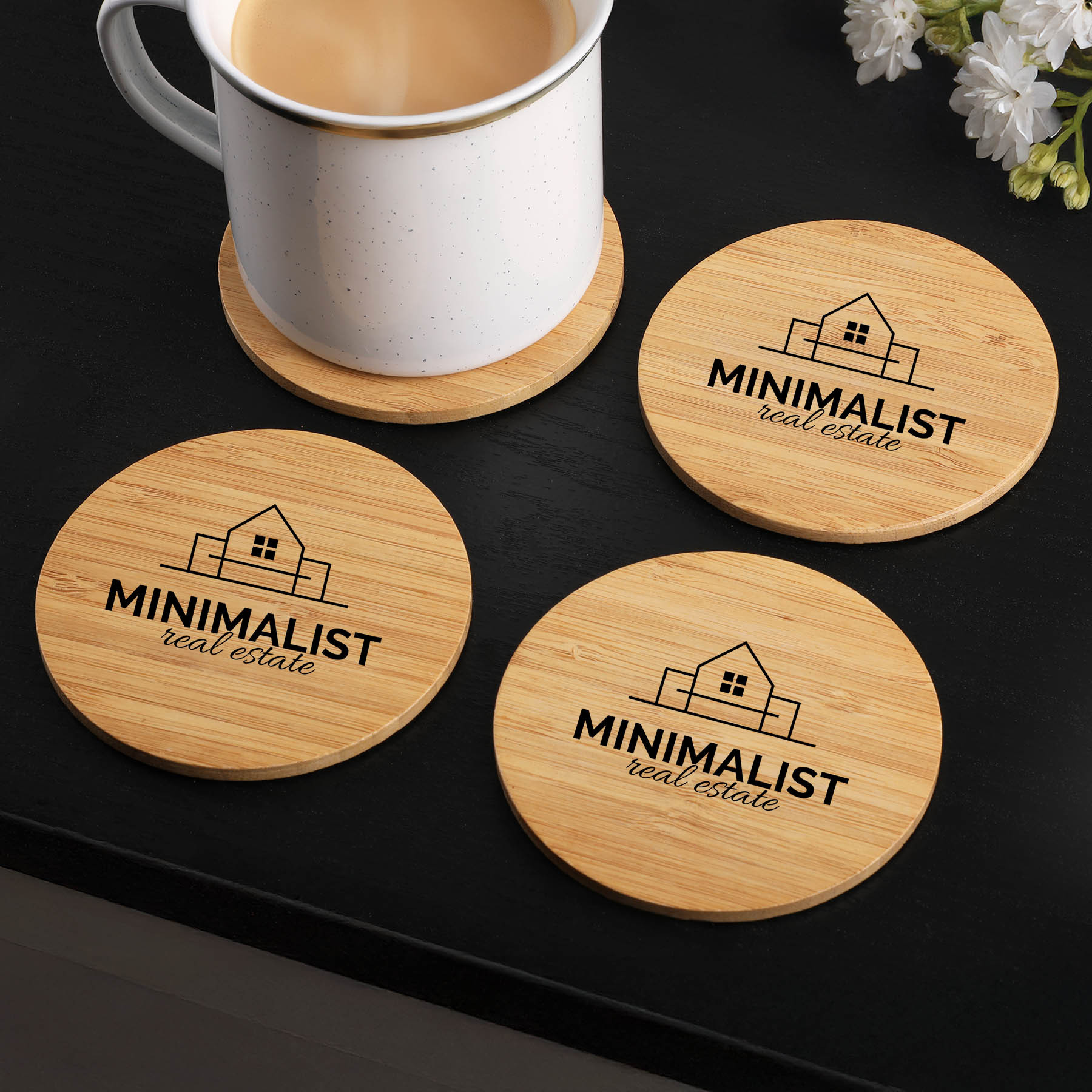 Round Bamboo Coaster Set with Gift Box - 4 Piece - View 2 - Custom Logo Coasters - product view 3