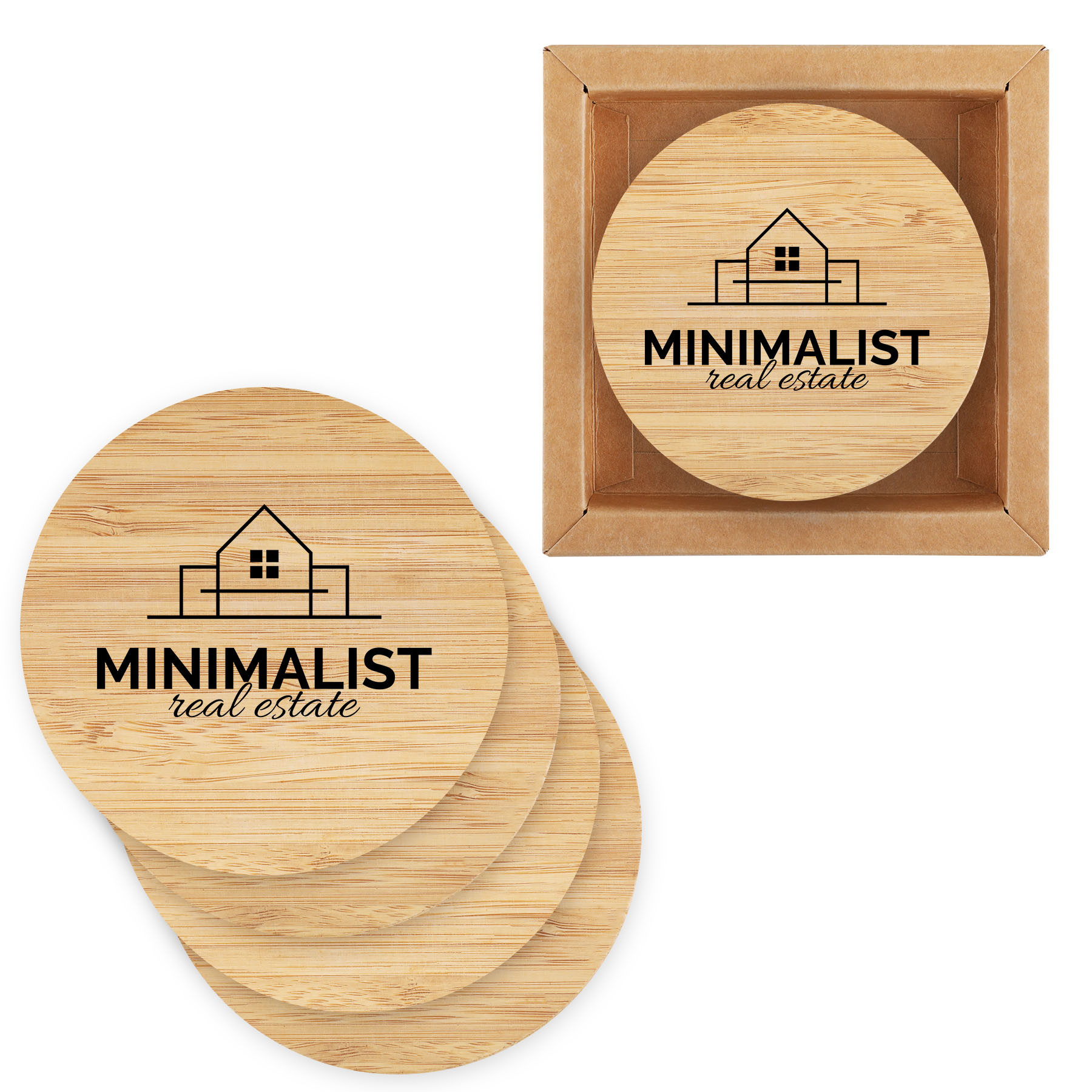 Round Bamboo Coaster Set with Gift Box - 4 Piece - View 3 - Imprinted Coasters - product view 4