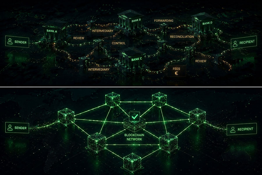 Comparison between a traditional financial system with multiple intermediaries and a decentralized blockchain network for direct digital transactions