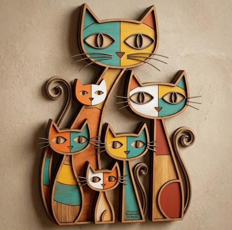 Whimsical Colorful Cats Wooden Wall Art