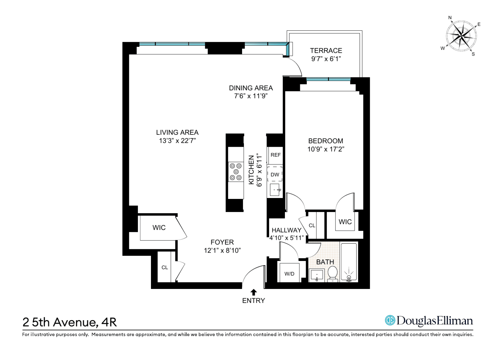 Floor plan of Residence 4R: living area, separate dining, kitchen, bedroom with walk-in closet, bath, in-unit laundry, and private terrace