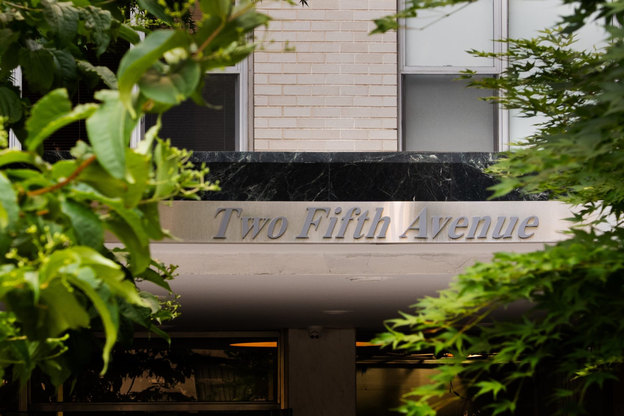 The Two Fifth Avenue sign, seen through the street trees