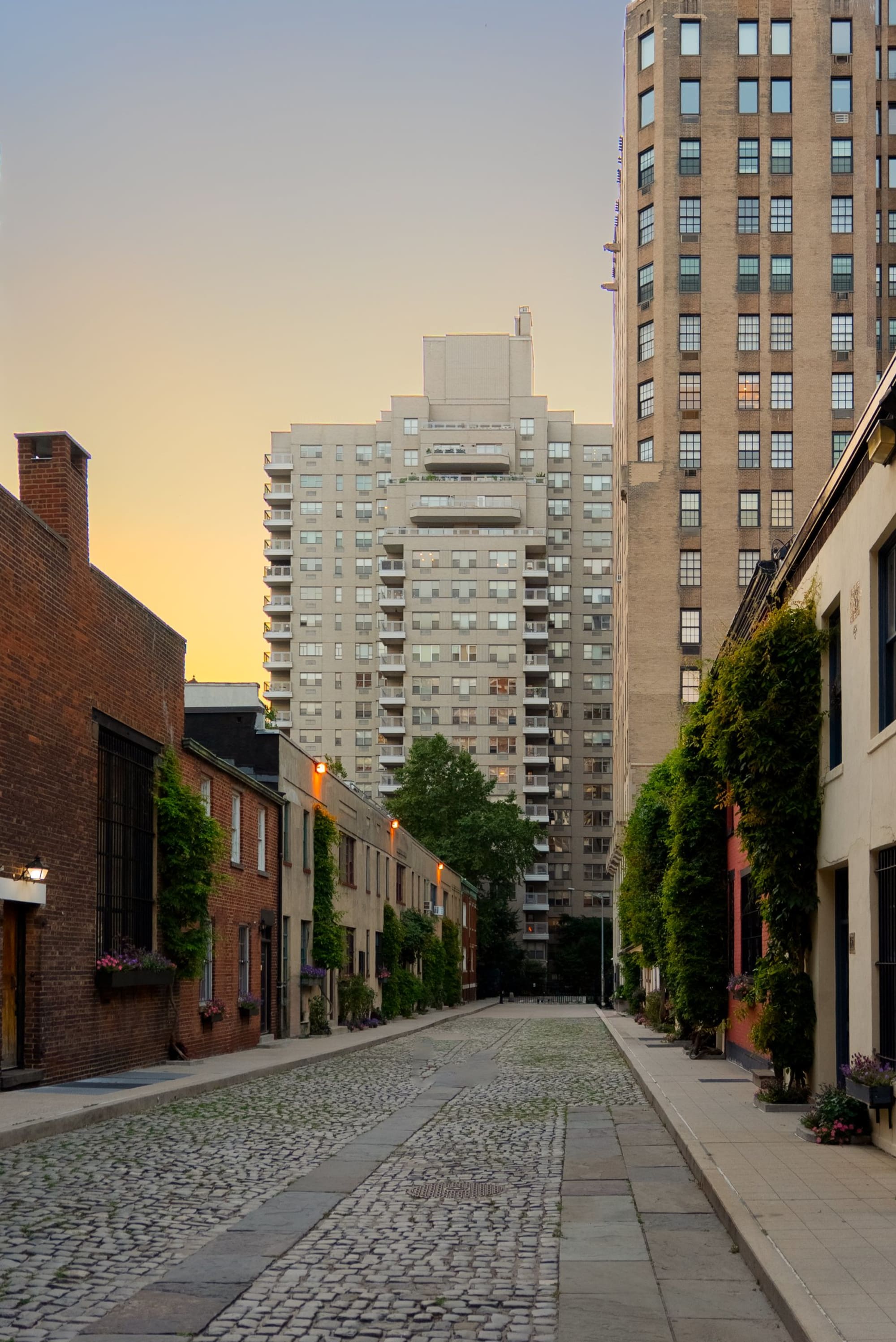 The cobblestones of Washington Mews at dusk, with the tower of Two Fifth Avenue rising beyond