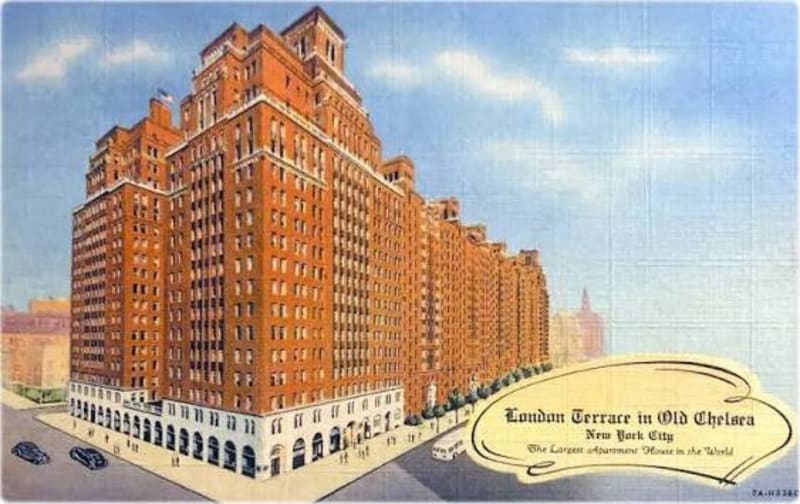 A 1930s postcard of London Terrace: 'The Largest Apartment House in the World'