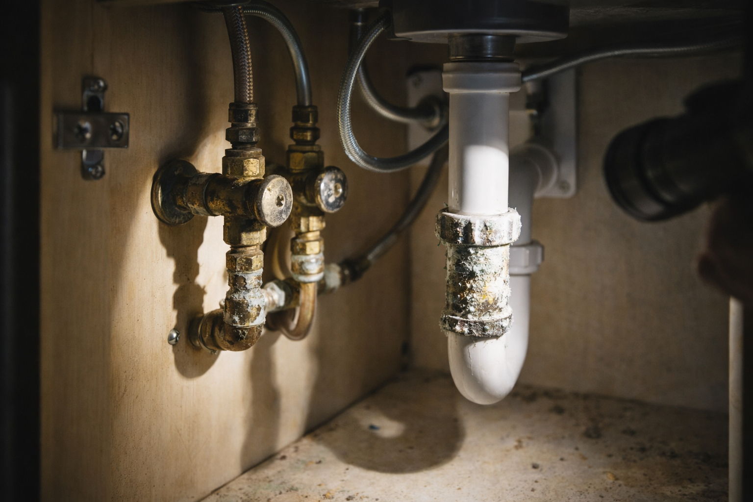Under-sink plumbing inspection showing aged pipes