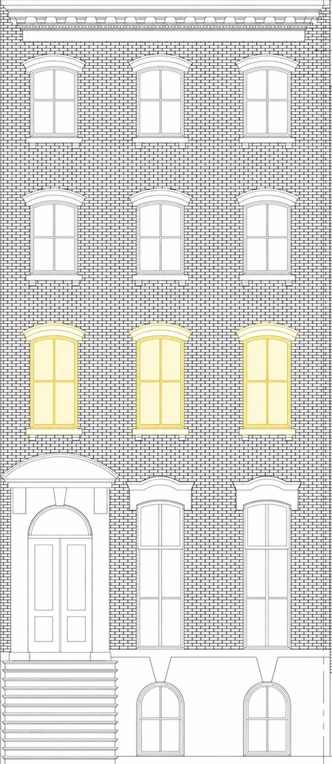 Architectural elevation drawing of 428 West 20th Street, with the second-floor windows highlighted