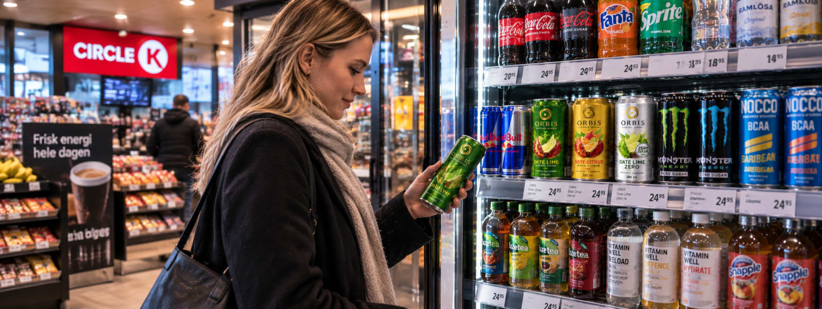 Woman choosing energy drink in Circle K