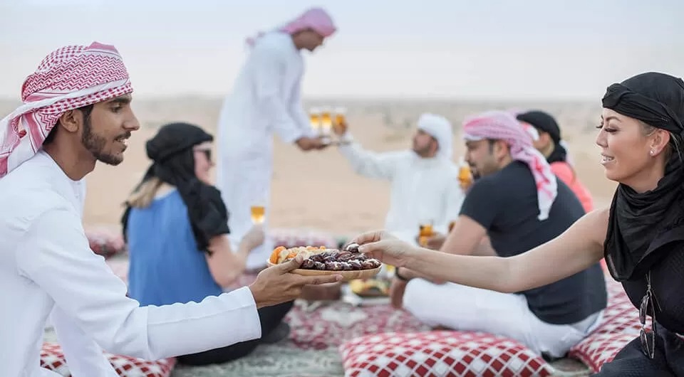 Hot outdoor breakfast served at a desert camp near Abu Dhabi