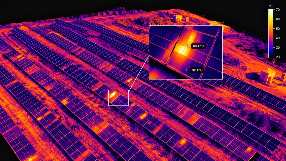 Thermal inspection imagery showing temperature anomalies across a solar array