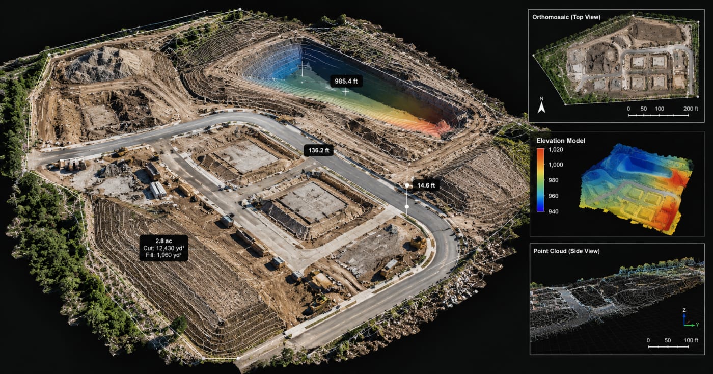 Photogrammetry mapping interface showing 3D site reconstruction, orthomosaic, elevation, and point cloud data
