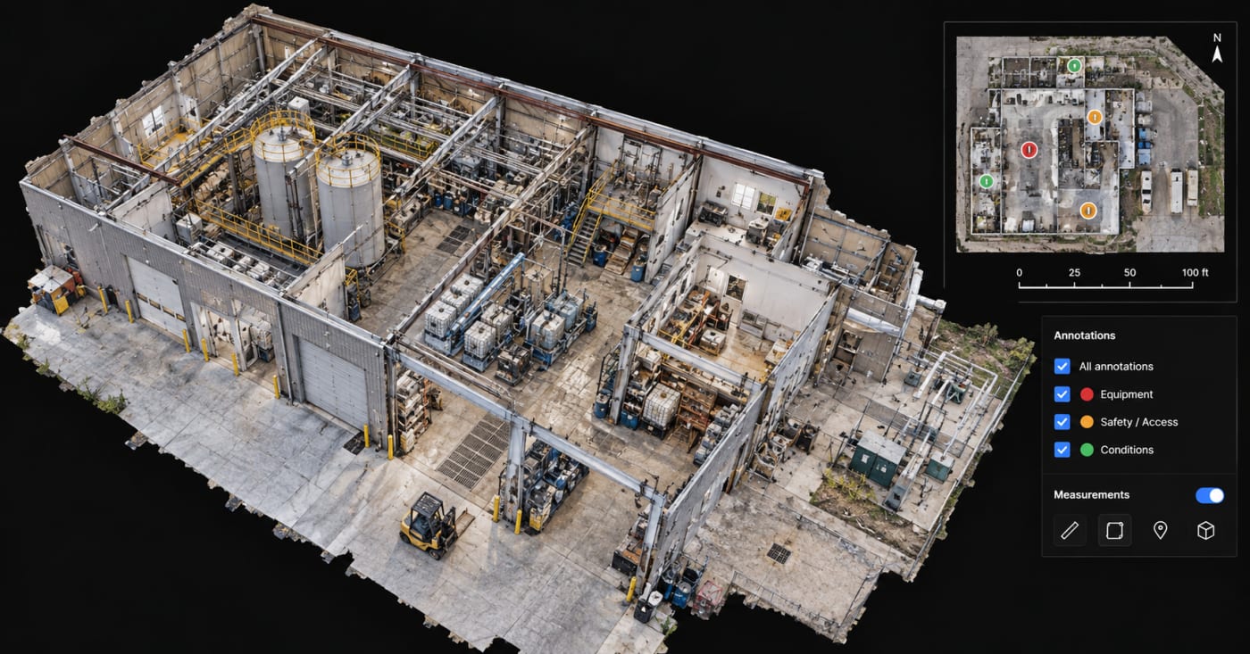 Industrial interior reality capture 3D scan with annotations and measurement tools