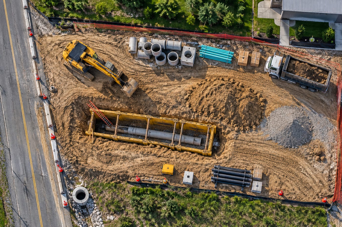 Orthomosaic showing an excavation with nearby equipment, spoil, access routes, structures, and surrounding terrain.