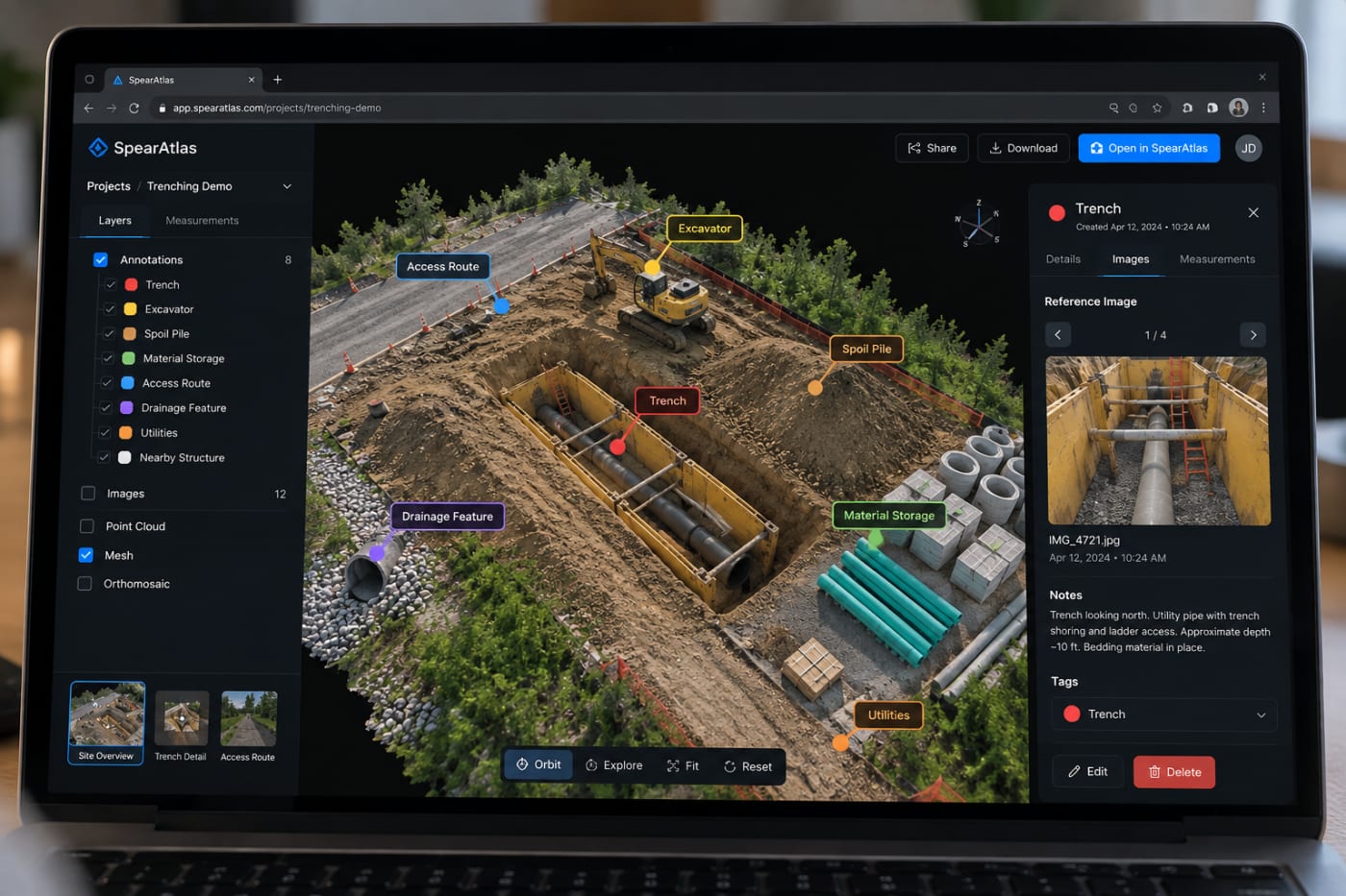 Remote project viewer displaying documented excavation geometry, imagery, and spatial annotations.