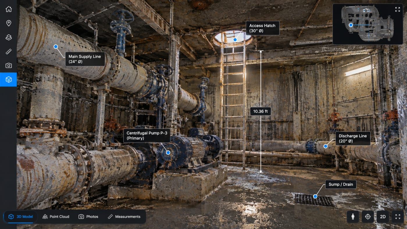 Illustrative three dimensional industrial utility vault with annotated piping, pump equipment, access ladder, and spatial measurements.