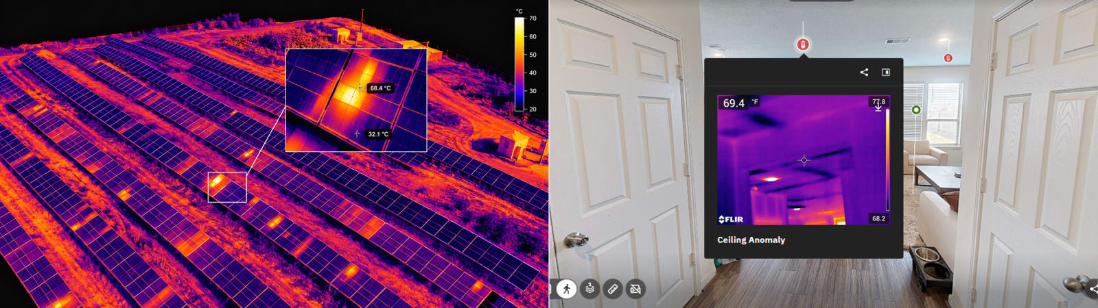 Examples of aerial thermal imaging and thermal documentation integrated into a virtual site walkthrough.