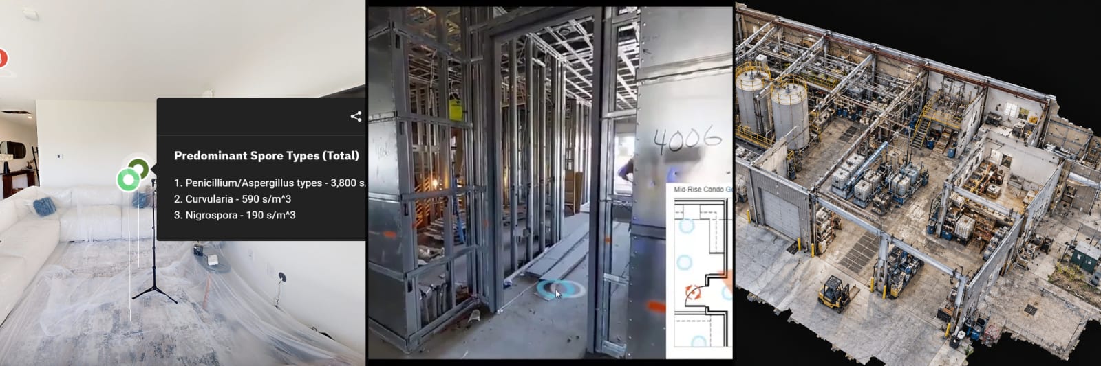 Examples of interior 3D scanning, virtual walkthroughs, and annotated spatial documentation.