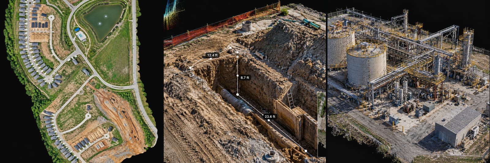 Examples of an aerial orthomosaic map, a measured 3D site model, and a point cloud visualization.