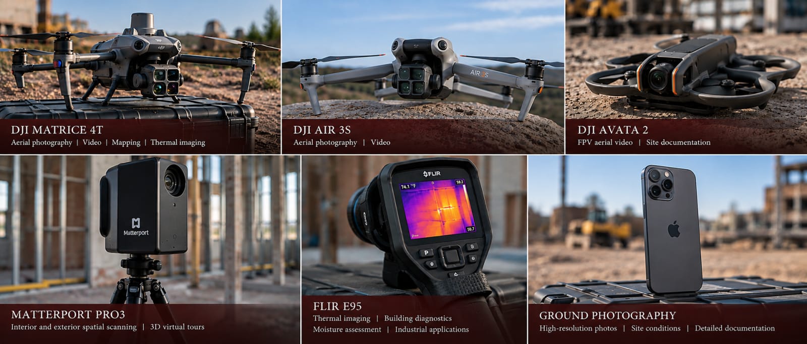 SterFlies field documentation equipment, including DJI drones, a Matterport scanner, a FLIR thermal camera, and ground photography equipment.