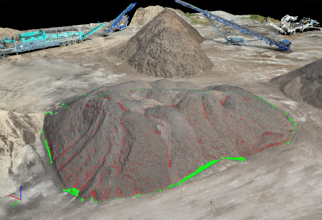 Drone view of aggregate stockpiles ready for volumetric measurement