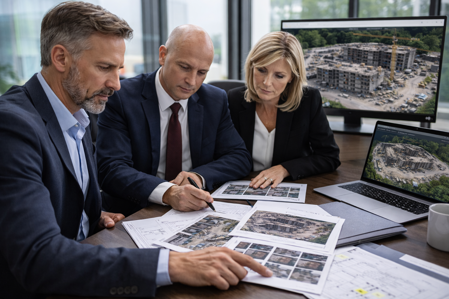 Attorneys and consultants reviewing site documentation together