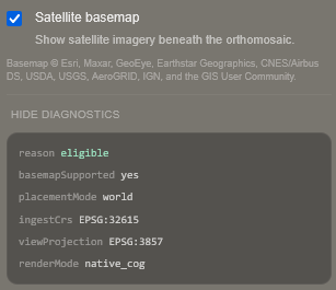 Map diagnostics showing an ingested CRS of EPSG:32615 and a web view projection of EPSG:3857