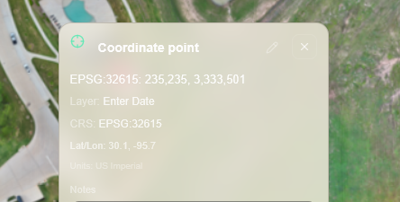 Coordinate point card showing EPSG:32615 projected coordinates alongside latitude and longitude