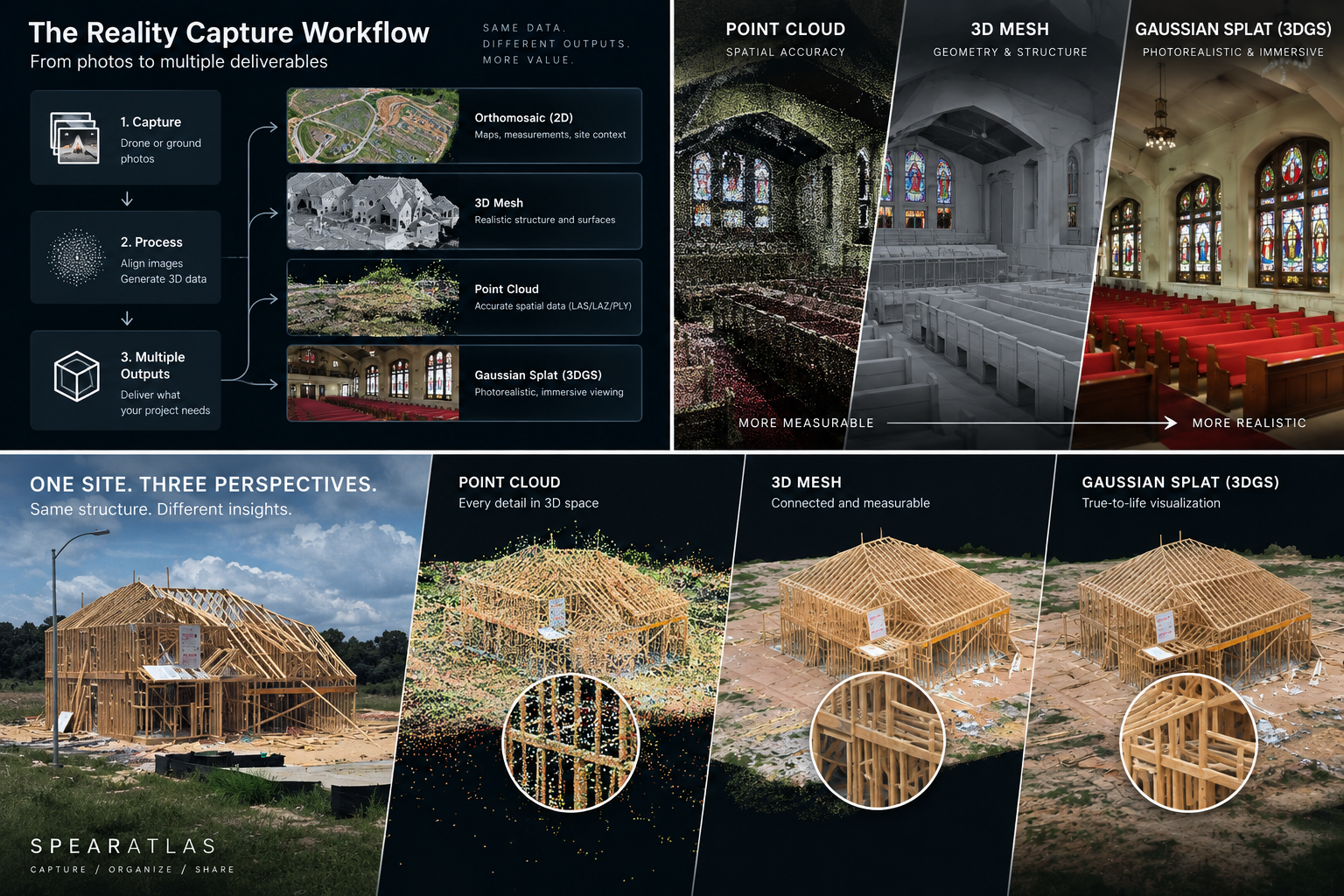 Reality capture workflow from drone photos to point cloud 3D mesh and Gaussian splat