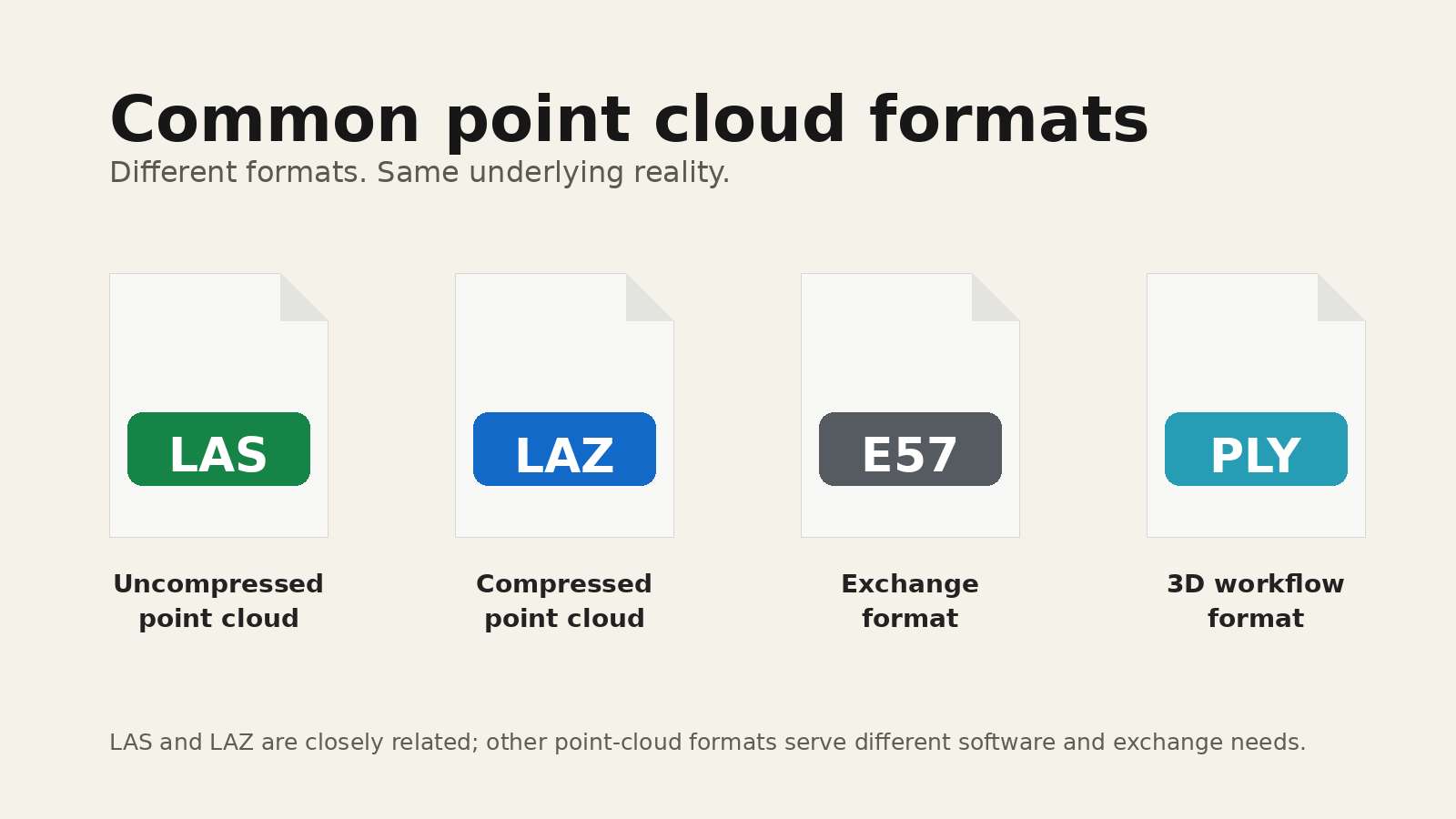 Common point cloud formats including LAS, LAZ, E57, and PLY