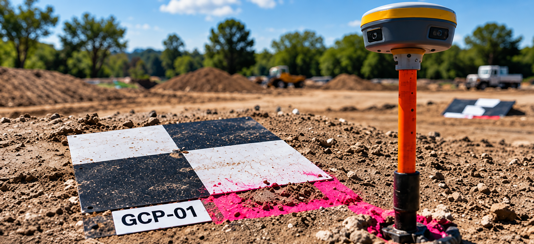 Ground control point target and GNSS survey equipment used for drone mapping