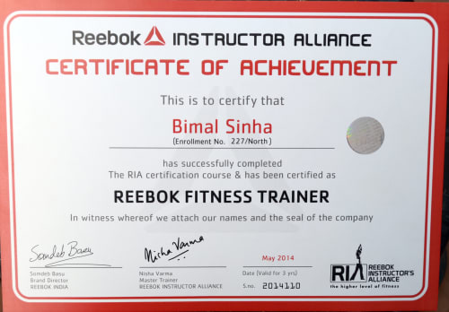 Reebok Fitness Trainer certificate