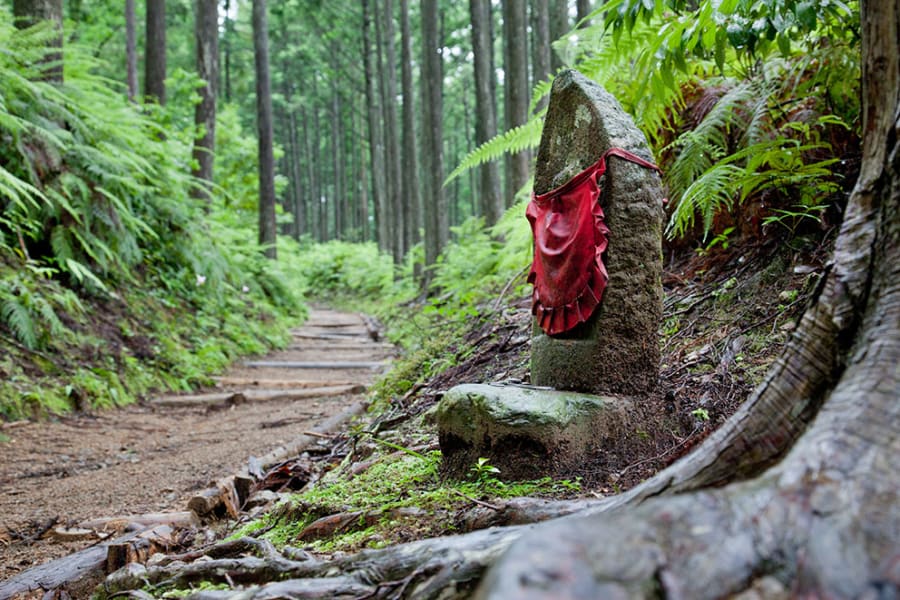 Un sentier de terre et de marches de pierre file entre les cèdres ; en bordure, une petite stèle de pierre porte un bavoir rouge