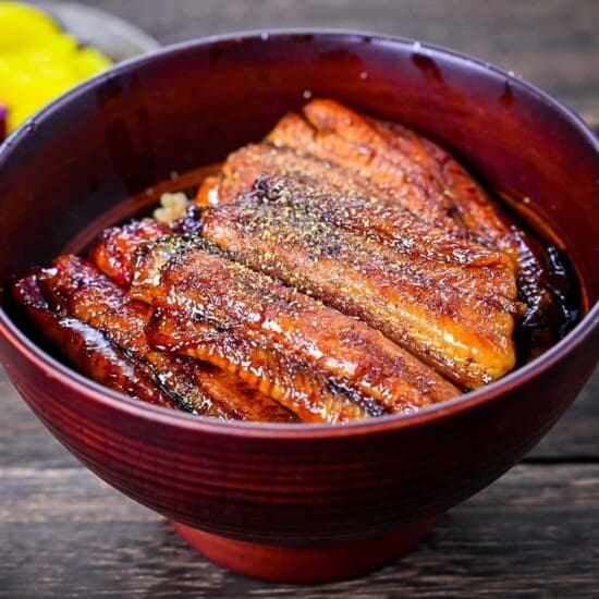 Un unagi-don, bol de riz surmonté d’anguille laquée