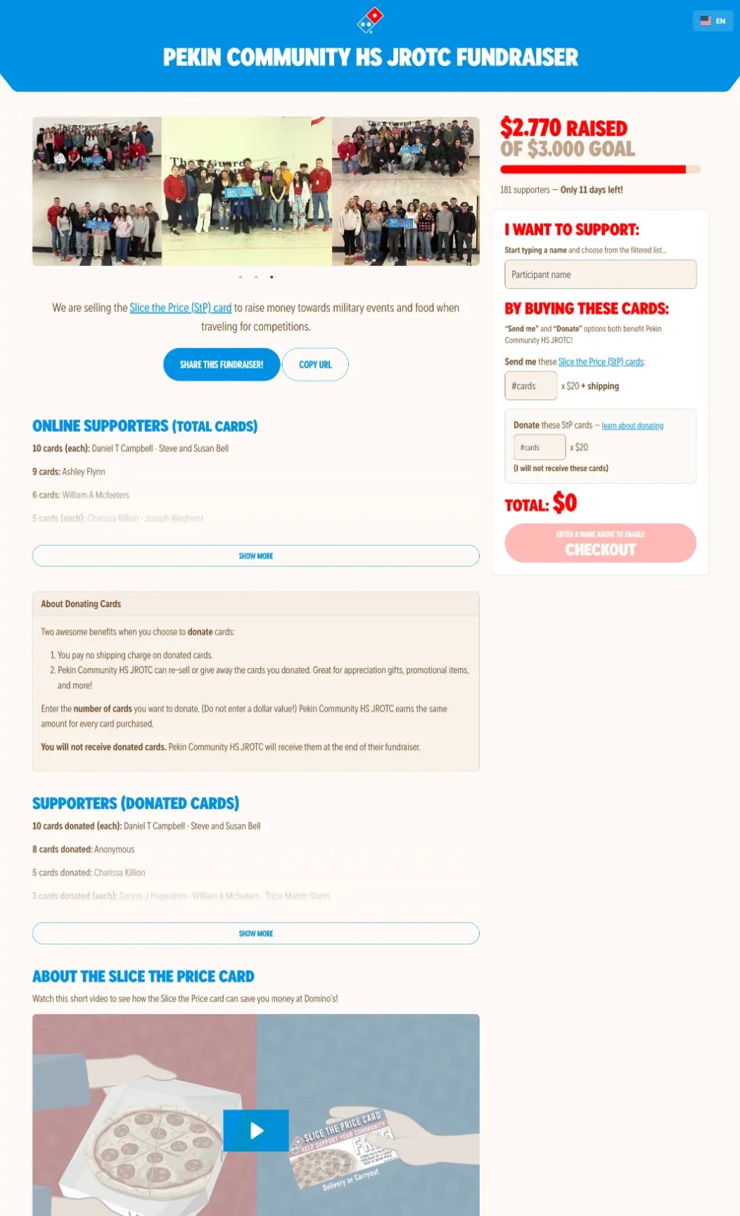 Screenshot of a fundraiser store page showing the organization's photos, fundraising goal, and progress bar