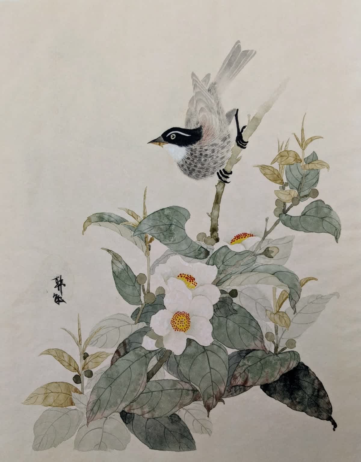 White flower and bird