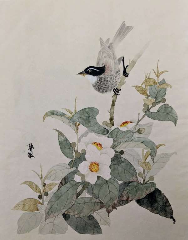 White flower and bird