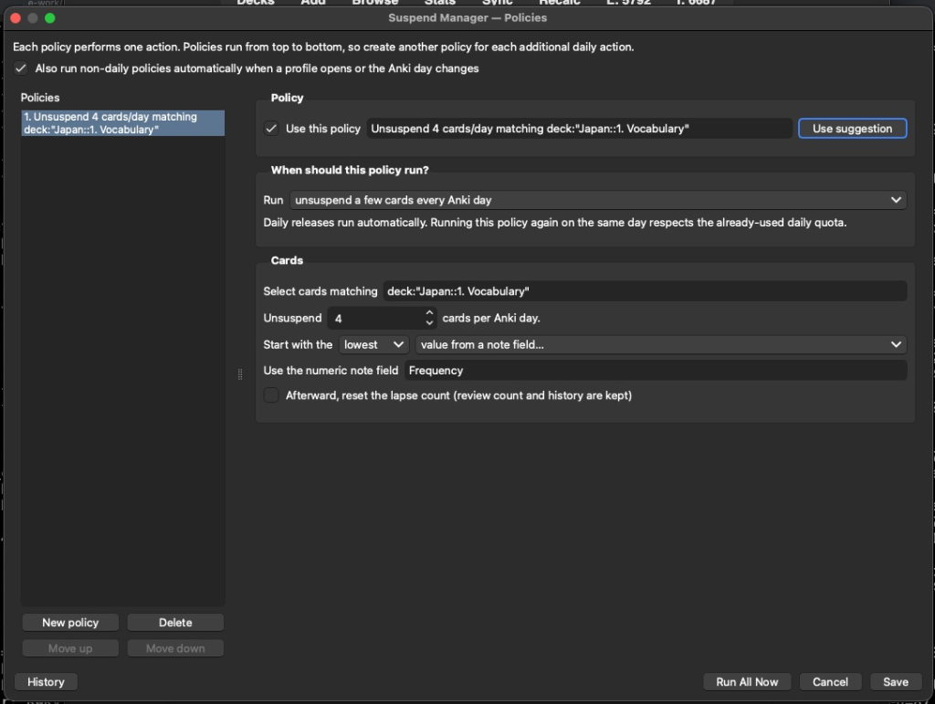 Anki Auto Suspender / Unsuspender Addon