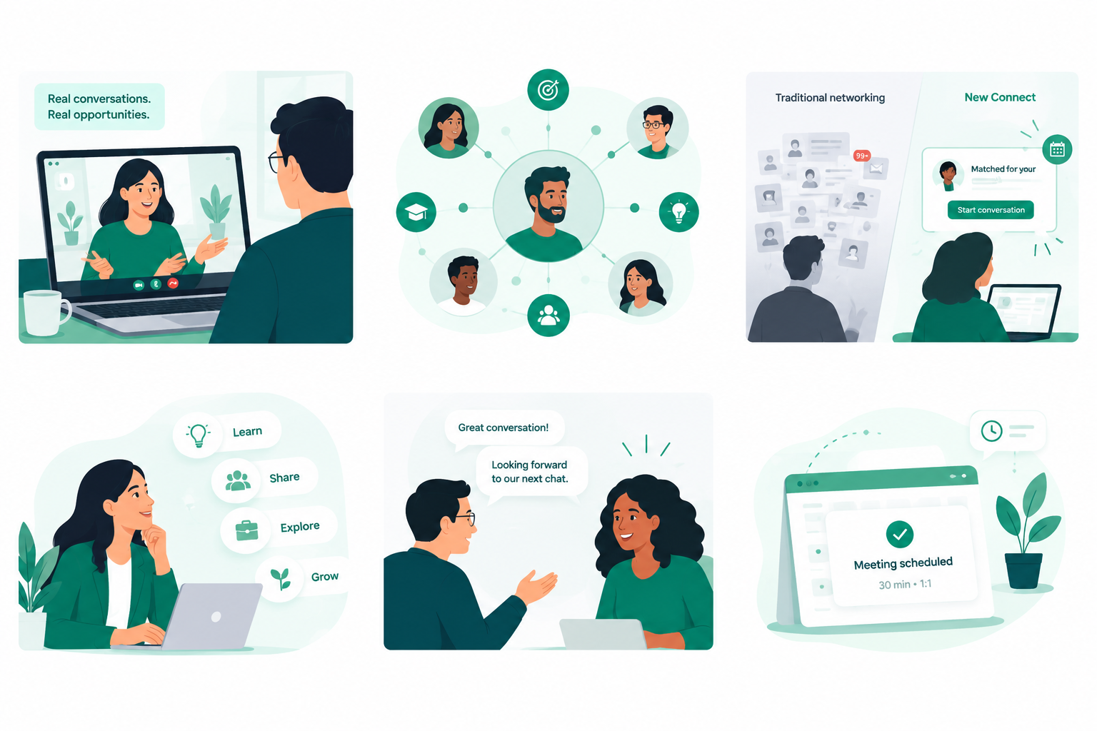 Professional networking connections and meaningful conversations illustration